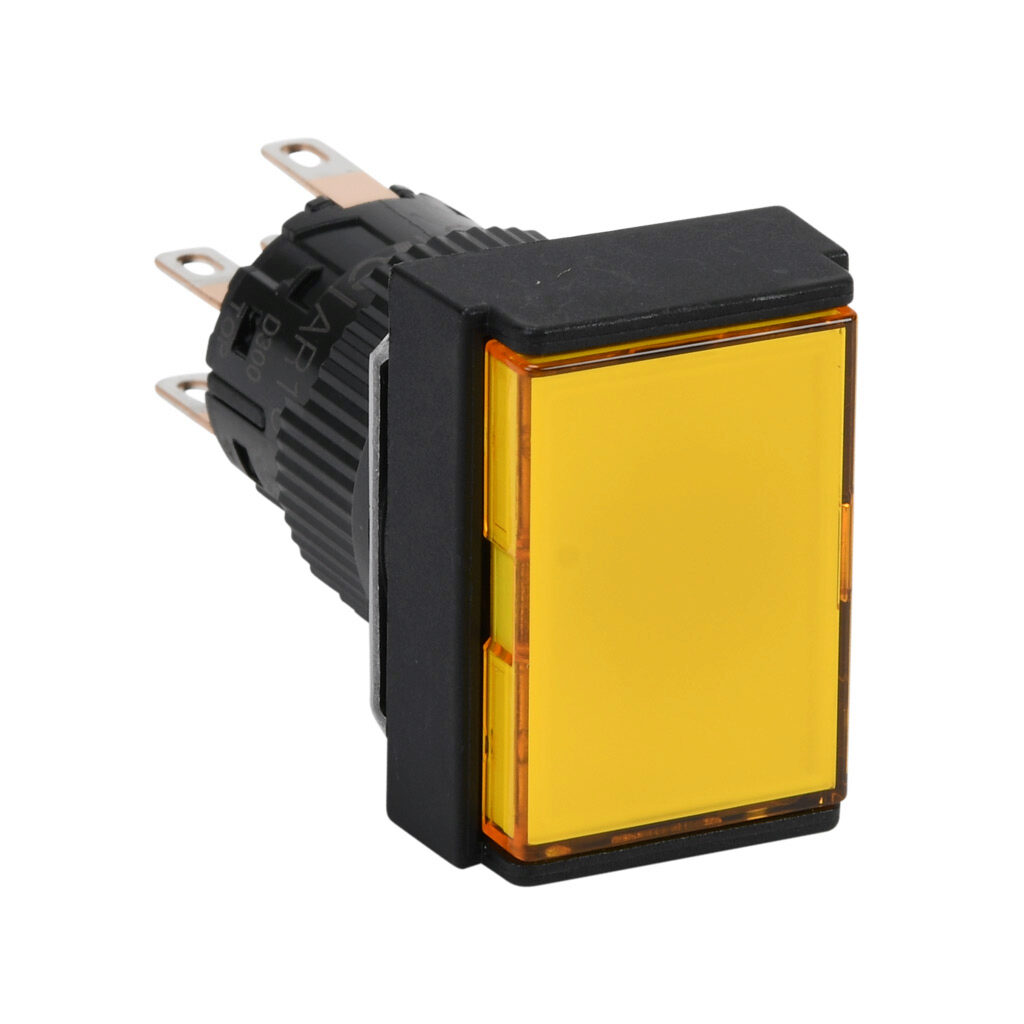 AR16F0N-C2E3Y - Fuji Electric pushbutton, IP65, 16mm, momentary, LED illuminated, DPDT contact(s), plastic base, plastic bezel, black, Operator: yellow, flush, 24mm, rectangular, plastic, 24 VAC/VDC, full voltage.