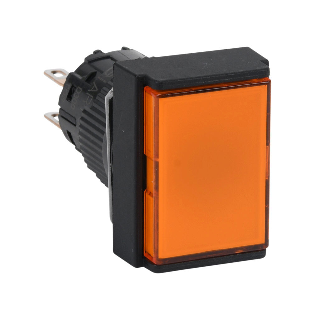 AR16F0T-C2A - Fuji Electric pushbutton, IP65, 16mm, momentary, DPDT contact(s), plastic base, plastic bezel, black, Operator: orange, flush, 24mm, rectangular, plastic.
