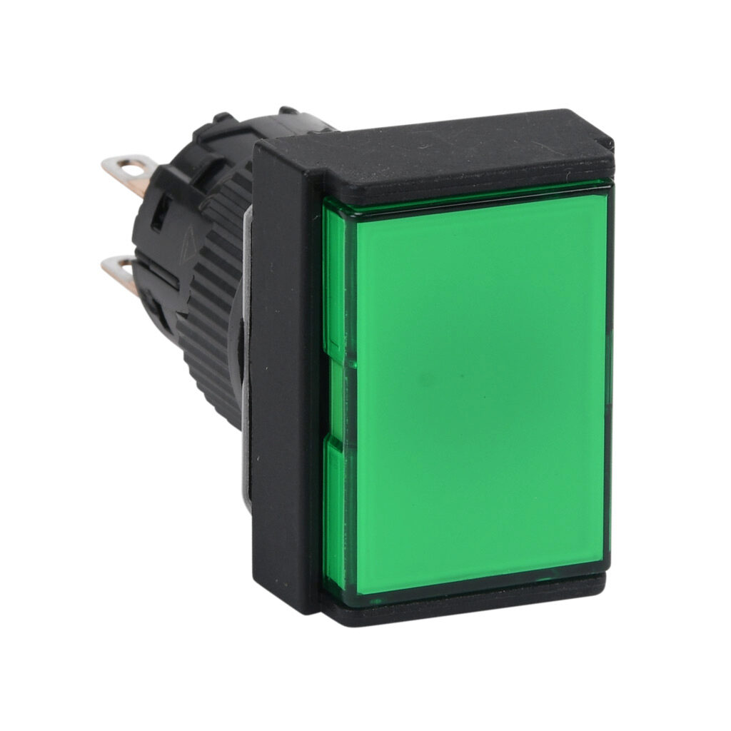 AR16F0T-C2G - Fuji Electric pushbutton, IP65, 16mm, momentary, DPDT contact(s), plastic base, plastic bezel, black, Operator: green, flush, 24mm, rectangular, plastic.