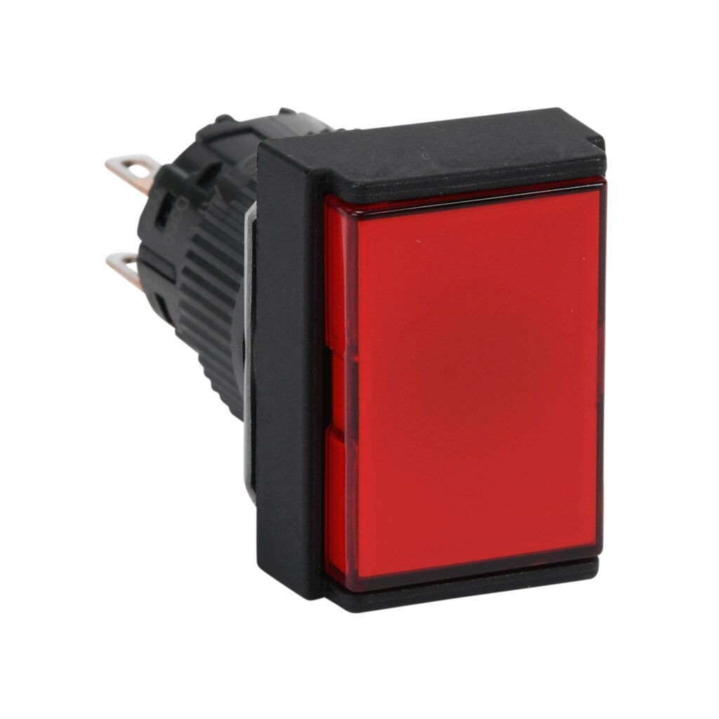 AR16F0T-C2R - Fuji Electric pushbutton, IP65, 16mm, momentary, DPDT contact(s), plastic base, plastic bezel, black, Operator: red, flush, 24mm, rectangular, plastic.