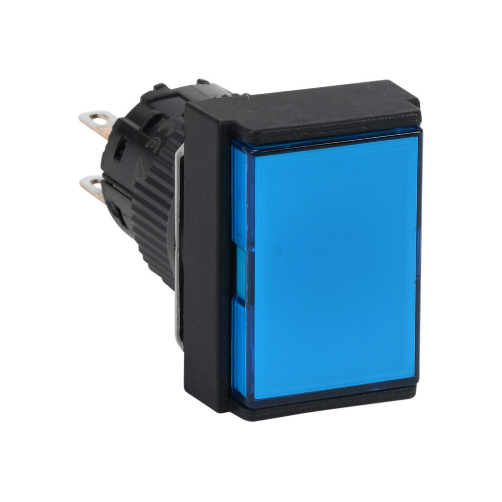 AR16F0T-C2S - Fuji Electric pushbutton, IP65, 16mm, momentary, DPDT contact(s), plastic base, plastic bezel, black, Operator: blue, flush, 24mm, rectangular, plastic.
