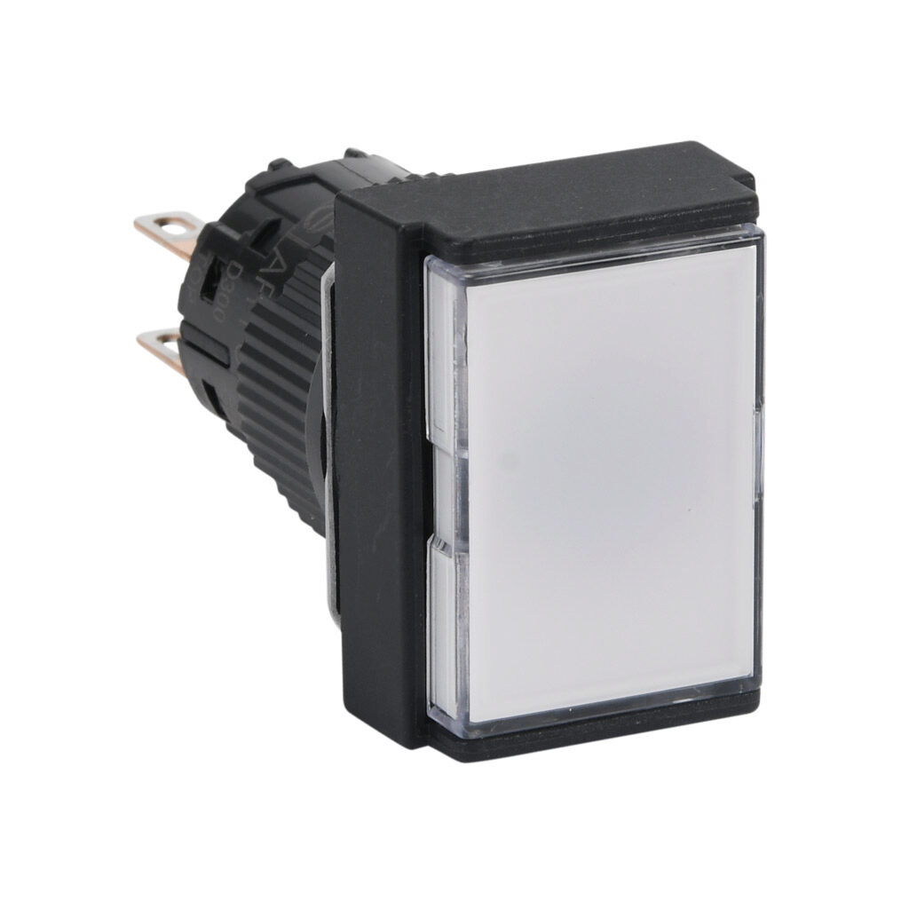 AR16F0T-C2W - Fuji Electric pushbutton, IP65, 16mm, momentary, DPDT contact(s), plastic base, plastic bezel, black, Operator: white, flush, 24mm, rectangular, plastic.