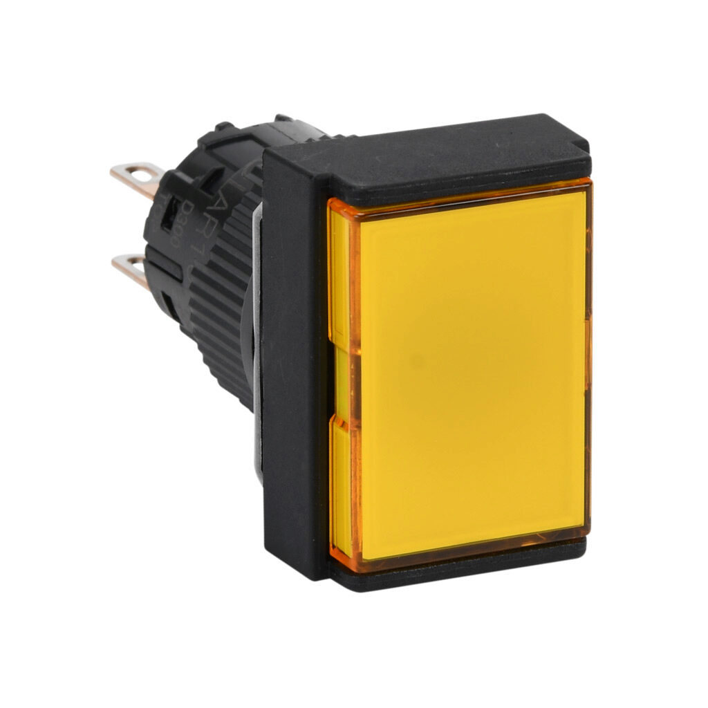 AR16F0T-C2Y - Fuji Electric pushbutton, IP65, 16mm, momentary, DPDT contact(s), plastic base, plastic bezel, black, Operator: yellow, flush, 24mm, rectangular, plastic.