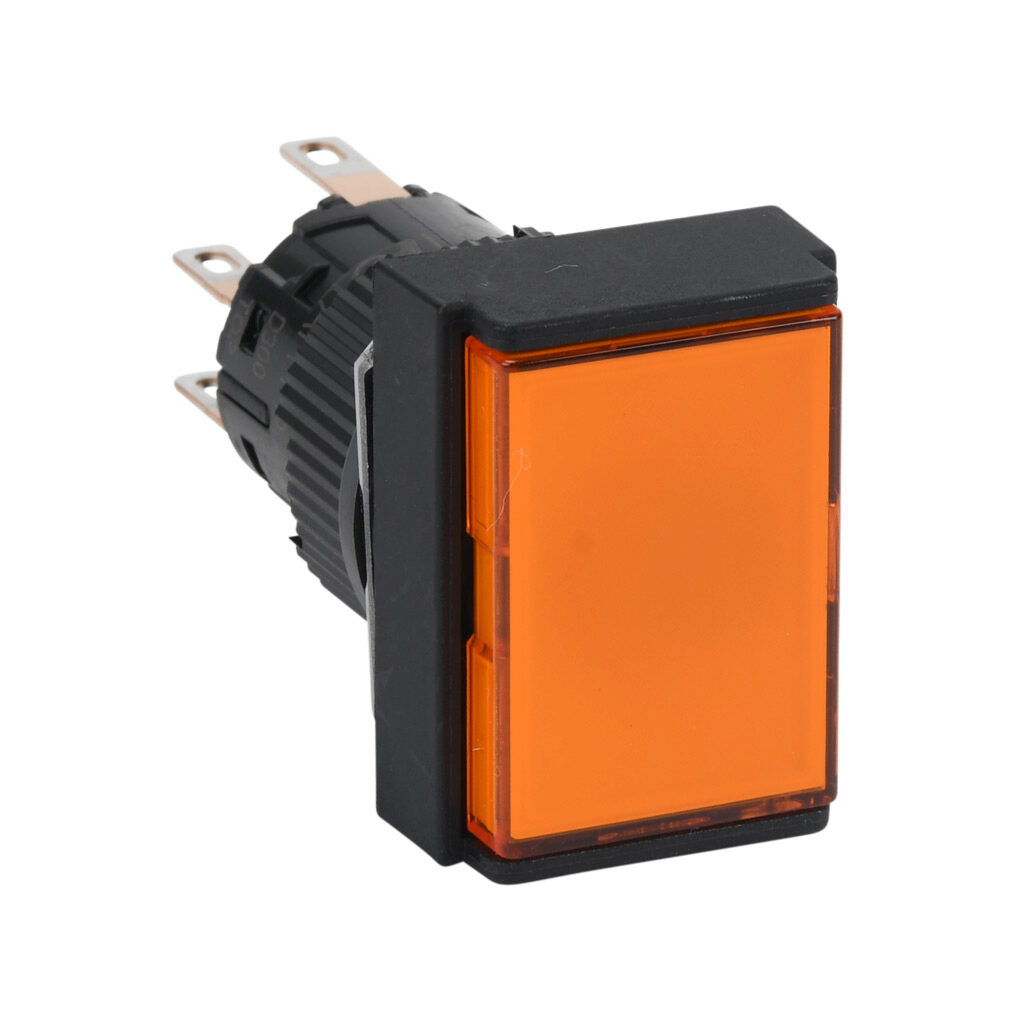 AR16F5N-C2E3A - Fuji Electric pushbutton, IP65, 16mm, push ON - push OFF, LED illuminated, DPDT contact(s), plastic base, plastic bezel, black, Operator: orange, flush, 24mm, rectangular, plastic, 24 VAC/VDC, full voltage.