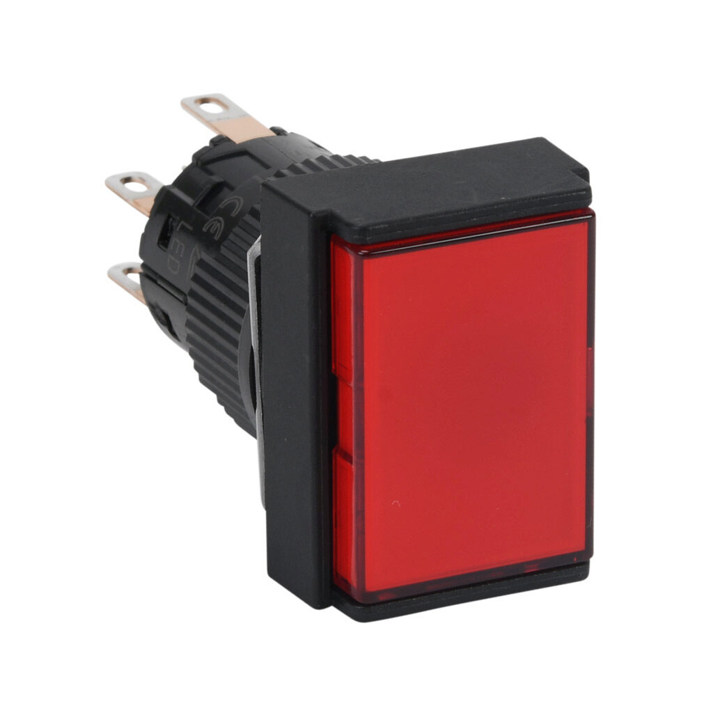 AR16F5N-C2E3R - Fuji Electric pushbutton, IP65, 16mm, push ON - push OFF, LED illuminated, DPDT contact(s), plastic base, plastic bezel, black, Operator: red, flush, 24mm, rectangular, plastic, 24 VAC/VDC, full voltage.