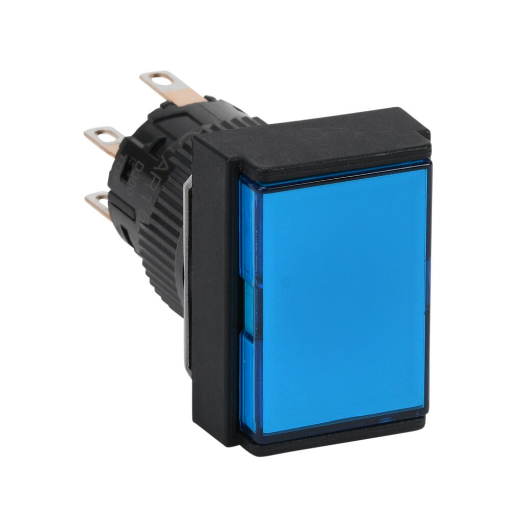 AR16F5N-C2E3S - Fuji Electric pushbutton, IP65, 16mm, push ON - push OFF, LED illuminated, DPDT contact(s), plastic base, plastic bezel, black, Operator: blue, flush, 24mm, rectangular, plastic, 24 VAC/VDC, full voltage.