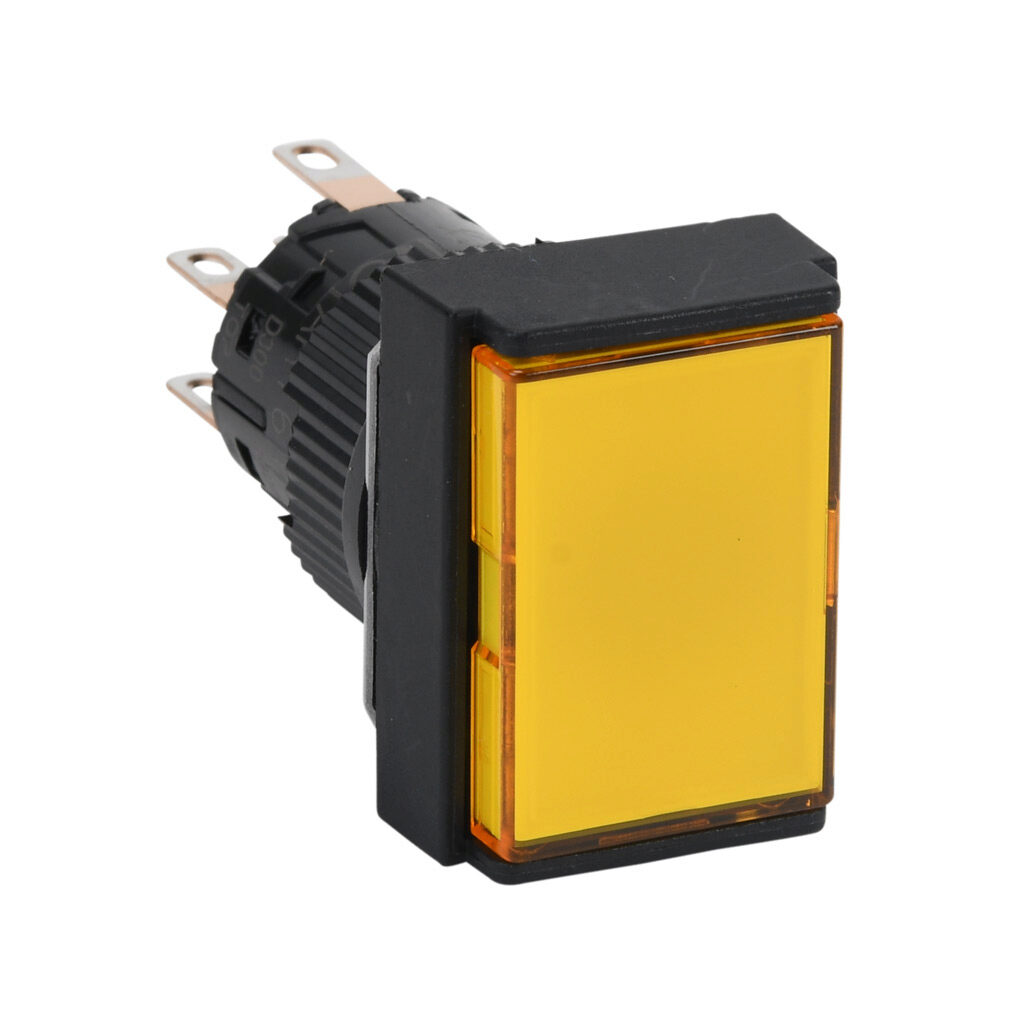 AR16F5N-C2E3Y - Fuji Electric pushbutton, IP65, 16mm, push ON - push OFF, LED illuminated, DPDT contact(s), plastic base, plastic bezel, black, Operator: yellow, flush, 24mm, rectangular, plastic, 24 VAC/VDC, full voltage.