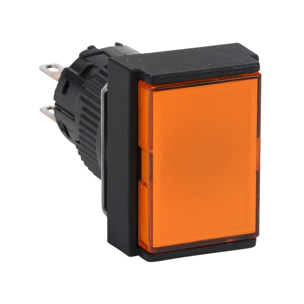 AR16F5T-C2A - Fuji Electric pushbutton, IP65, 16mm, push ON - push OFF, DPDT contact(s), plastic base, plastic bezel, black, Operator: orange, flush, 24mm, rectangular, plastic.