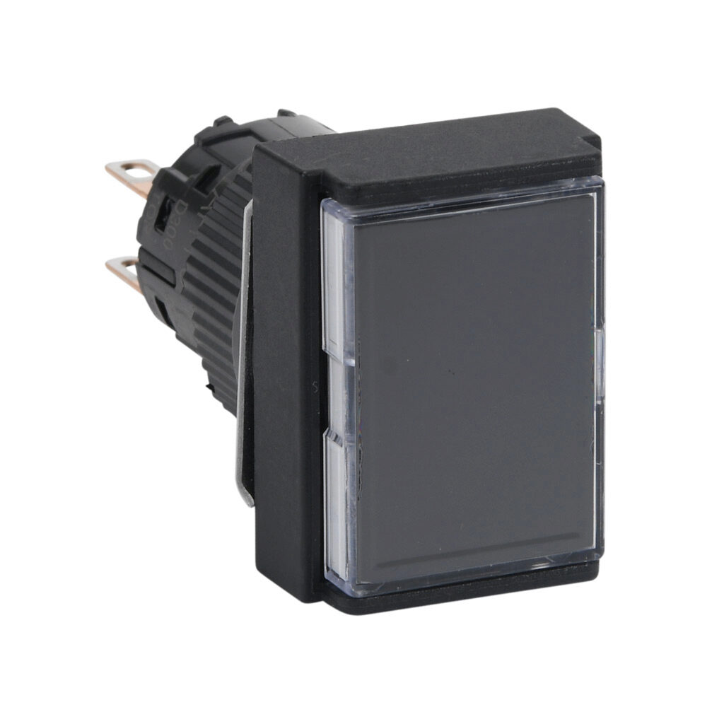 AR16F5T-C2B - Fuji Electric pushbutton, IP65, 16mm, push ON - push OFF, DPDT contact(s), plastic base, plastic bezel, black, Operator: black, flush, 24mm, rectangular, plastic.
