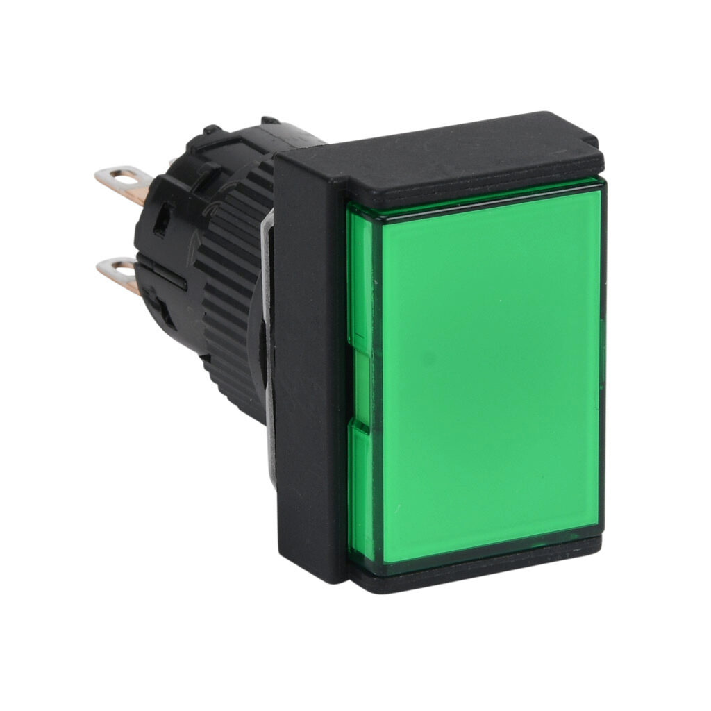 AR16F5T-C2G - Fuji Electric pushbutton, IP65, 16mm, push ON - push OFF, DPDT contact(s), plastic base, plastic bezel, black, Operator: green, flush, 24mm, rectangular, plastic.