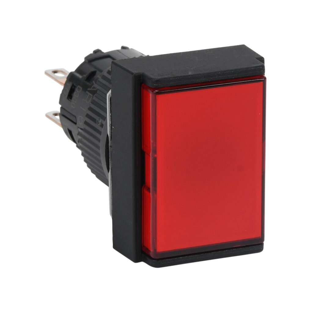 AR16F5T-C2R - Fuji Electric pushbutton, IP65, 16mm, push ON - push OFF, DPDT contact(s), plastic base, plastic bezel, black, Operator: red, flush, 24mm, rectangular, plastic.