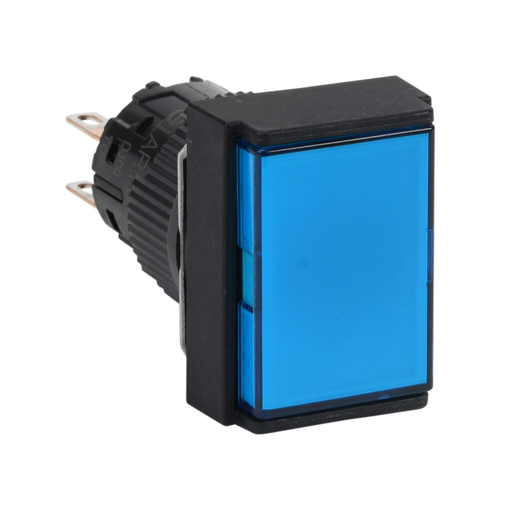 AR16F5T-C2S - Fuji Electric pushbutton, IP65, 16mm, push ON - push OFF, DPDT contact(s), plastic base, plastic bezel, black, Operator: blue, flush, 24mm, rectangular, plastic.