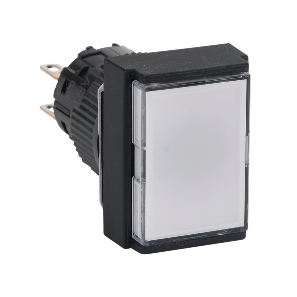 AR16F5T-C2W - Fuji Electric pushbutton, IP65, 16mm, push ON - push OFF, DPDT contact(s), plastic base, plastic bezel, black, Operator: white, flush, 24mm, rectangular, plastic.
