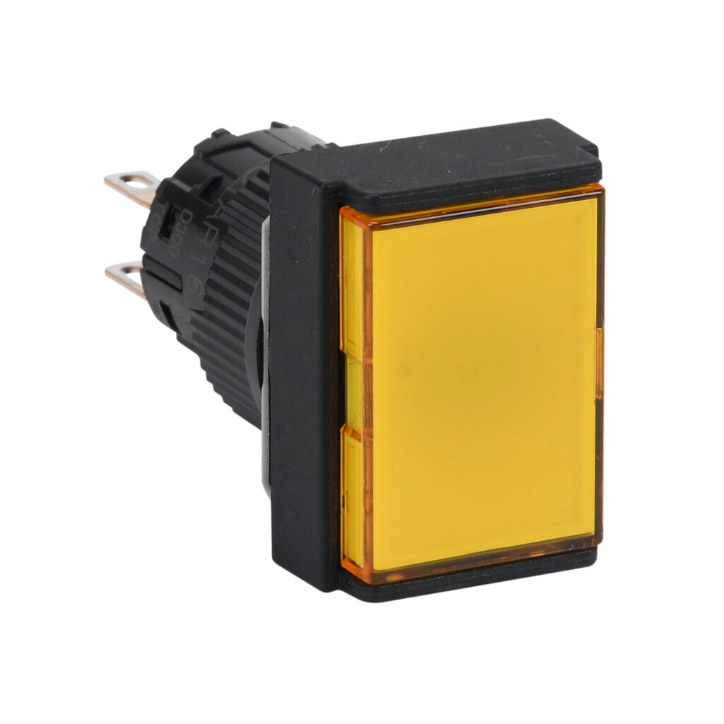 AR16F5T-C2Y - Fuji Electric pushbutton, IP65, 16mm, push ON - push OFF, DPDT contact(s), plastic base, plastic bezel, black, Operator: yellow, flush, 24mm, rectangular, plastic.