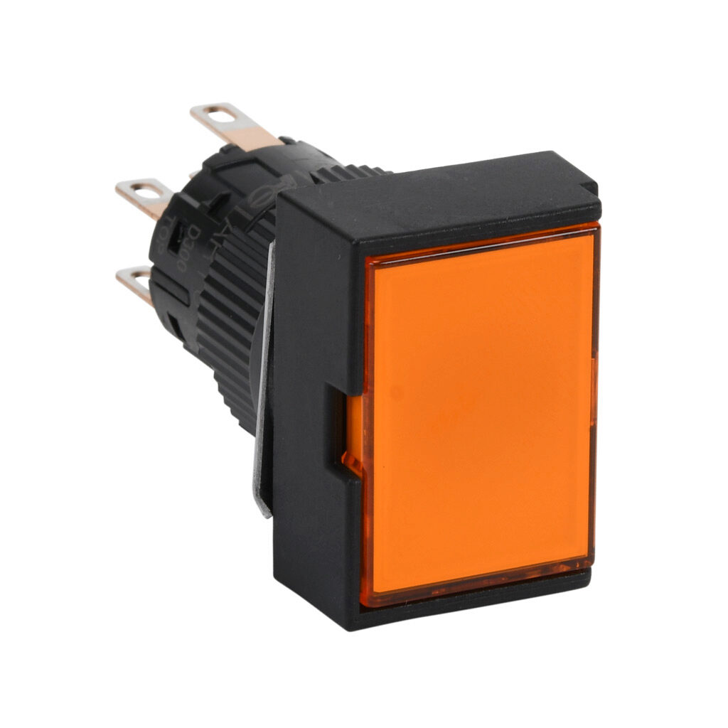 AR16G0N-C2E3A - Fuji Electric pushbutton, IP65, 16mm, momentary, LED illuminated, DPDT contact(s), plastic base, plastic bezel, black, guarded, Operator: orange, flush, 24mm, rectangular, plastic, 24 VAC/VDC, full voltage.