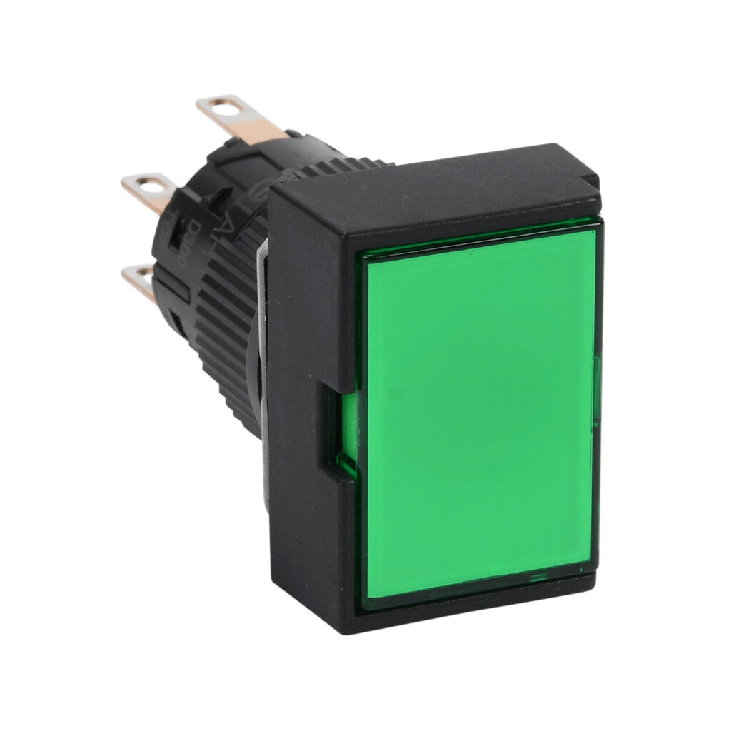 AR16G0N-C2E3G - Fuji Electric pushbutton, IP65, 16mm, momentary, LED illuminated, DPDT contact(s), plastic base, plastic bezel, black, guarded, Operator: green, flush, 24mm, rectangular, plastic, 24 VAC/VDC, full voltage.