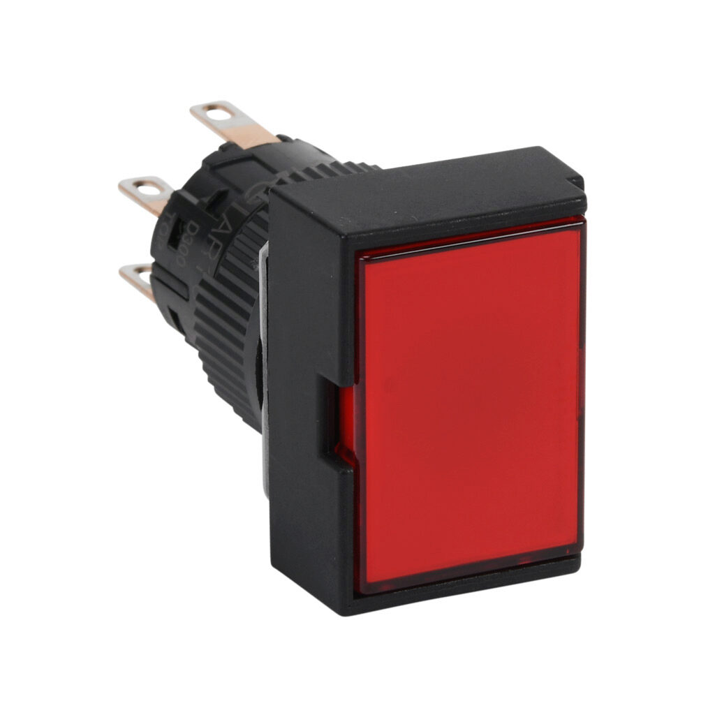 AR16G0N-C2E3R - Fuji Electric pushbutton, IP65, 16mm, momentary, LED illuminated, DPDT contact(s), plastic base, plastic bezel, black, guarded, Operator: red, flush, 24mm, rectangular, plastic, 24 VAC/VDC, full voltage.