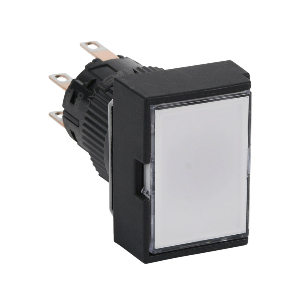 AR16G0N-C2E3W - Fuji Electric pushbutton, IP65, 16mm, momentary, LED illuminated, DPDT contact(s), plastic base, plastic bezel, black, guarded, Operator: white, flush, 24mm, rectangular, plastic, 24 VAC/VDC, full voltage.