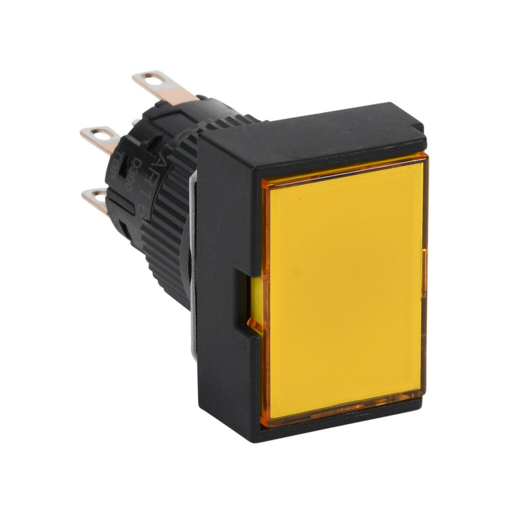 AR16G0N-C2E3Y - Fuji Electric pushbutton, IP65, 16mm, momentary, LED illuminated, DPDT contact(s), plastic base, plastic bezel, black, guarded, Operator: yellow, flush, 24mm, rectangular, plastic, 24 VAC/VDC, full voltage.