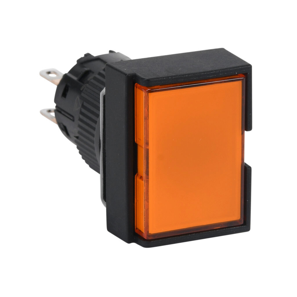 AR16G0T-C2A - Fuji Electric pushbutton, IP65, 16mm, momentary, DPDT contact(s), plastic base, plastic bezel, black, guarded, Operator: orange, flush, 24mm, rectangular, plastic.