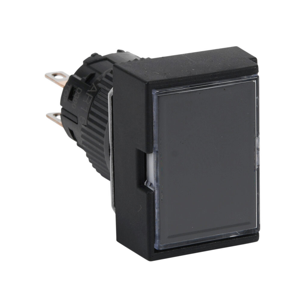 AR16G0T-C2B - Fuji Electric pushbutton, IP65, 16mm, momentary, DPDT contact(s), plastic base, plastic bezel, black, guarded, Operator: black, flush, 24mm, rectangular, plastic.