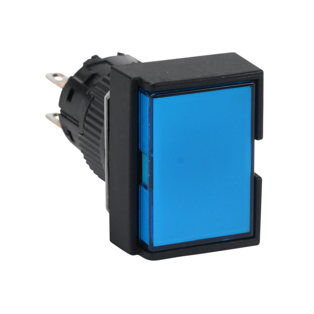 AR16G0T-C2S - Fuji Electric pushbutton, IP65, 16mm, momentary, DPDT contact(s), plastic base, plastic bezel, black, guarded, Operator: blue, flush, 24mm, rectangular, plastic.