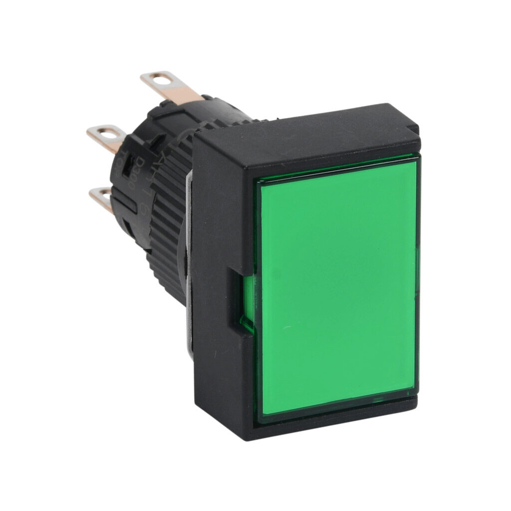 AR16G5N-C2E3G - Fuji Electric pushbutton, IP65, 16mm, push ON - push OFF, LED illuminated, DPDT contact(s), plastic base, plastic bezel, black, guarded, Operator: green, flush, 24mm, rectangular, plastic, 24 VAC/VDC, full voltage.
