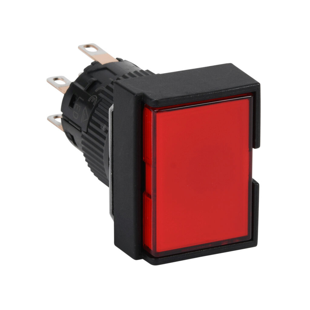 AR16G5N-C2E3R - Fuji Electric pushbutton, IP65, 16mm, push ON - push OFF, LED illuminated, DPDT contact(s), plastic base, plastic bezel, black, guarded, Operator: red, flush, 24mm, rectangular, plastic, 24 VAC/VDC, full voltage.
