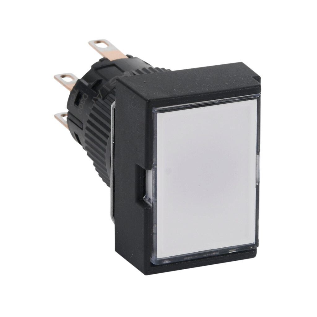 AR16G5N-C2E3W - Fuji Electric pushbutton, IP65, 16mm, push ON - push OFF, LED illuminated, DPDT contact(s), plastic base, plastic bezel, black, guarded, Operator: white, flush, 24mm, rectangular, plastic, 24 VAC/VDC, full voltage.