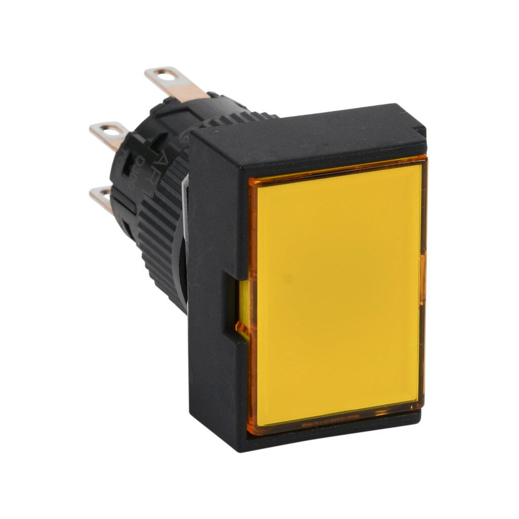 AR16G5N-C2E3Y - Fuji Electric pushbutton, IP65, 16mm, push ON - push OFF, LED illuminated, DPDT contact(s), plastic base, plastic bezel, black, guarded, Operator: yellow, flush, 24mm, rectangular, plastic, 24 VAC/VDC, full voltage.