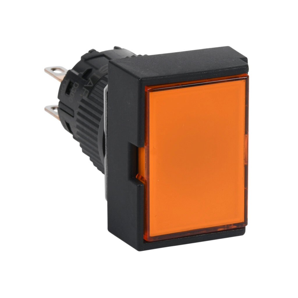 AR16G5T-C2A - Fuji Electric pushbutton, IP65, 16mm, push ON - push OFF, DPDT contact(s), plastic base, plastic bezel, black, guarded, Operator: orange, flush, 24mm, rectangular, plastic.