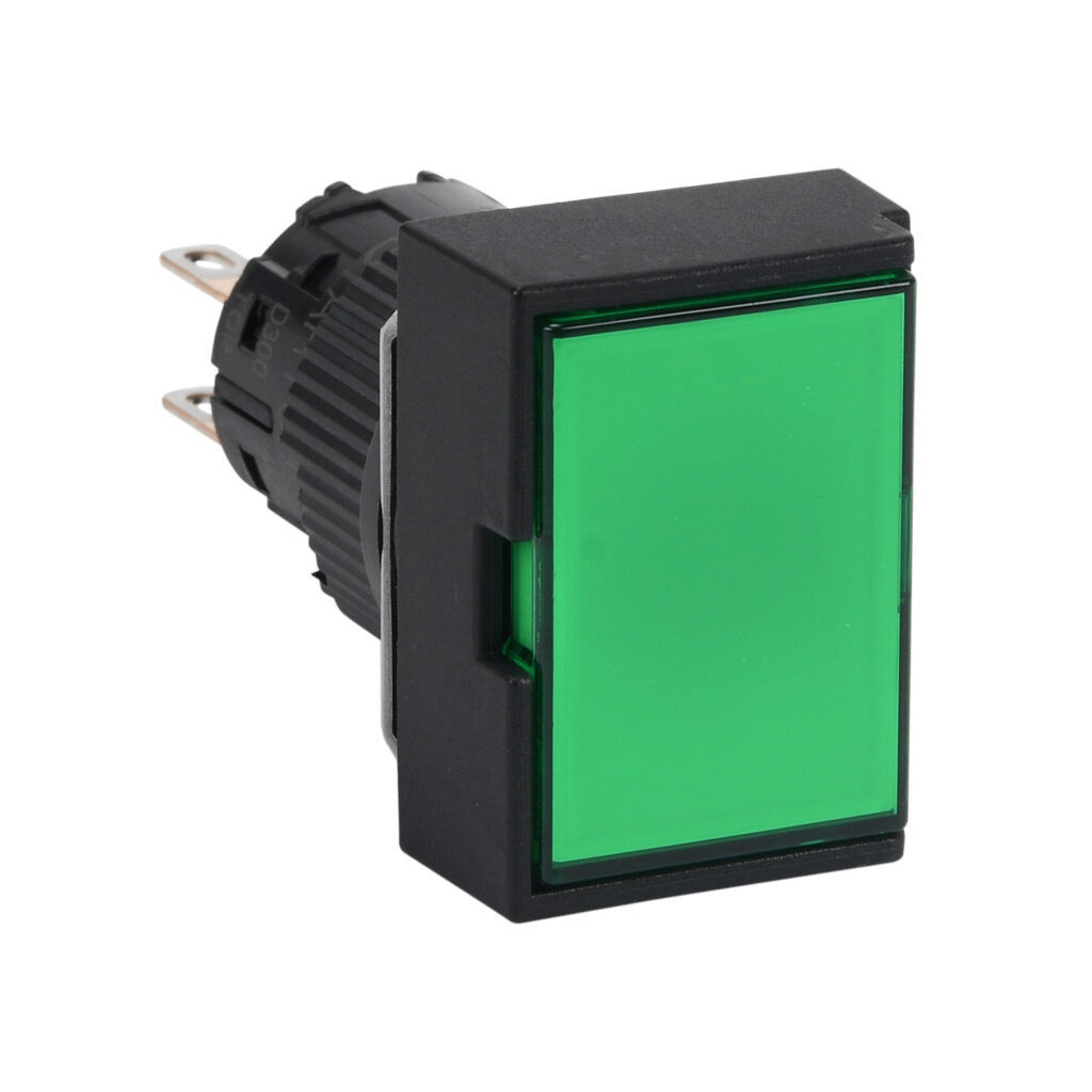 AR16G5T-C2G - Fuji Electric pushbutton, IP65, 16mm, push ON - push OFF, DPDT contact(s), plastic base, plastic bezel, black, guarded, Operator: green, flush, 24mm, rectangular, plastic.