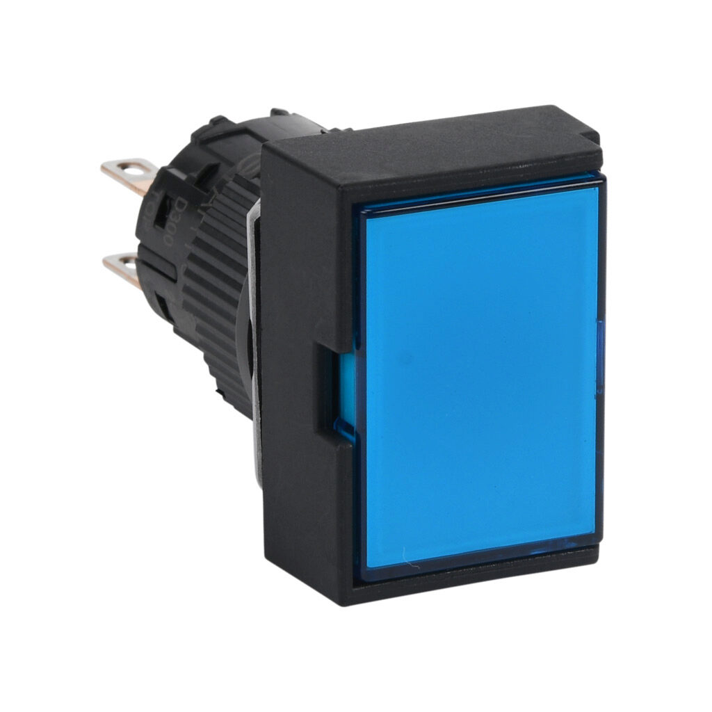 AR16G5T-C2S - Fuji Electric pushbutton, IP65, 16mm, push ON - push OFF, DPDT contact(s), plastic base, plastic bezel, black, guarded, Operator: blue, flush, 24mm, rectangular, plastic.