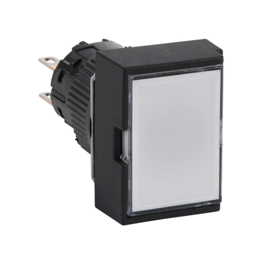 AR16G5T-C2W - Fuji Electric pushbutton, IP65, 16mm, push ON - push OFF, DPDT contact(s), plastic base, plastic bezel, black, guarded, Operator: white, flush, 24mm, rectangular, plastic.