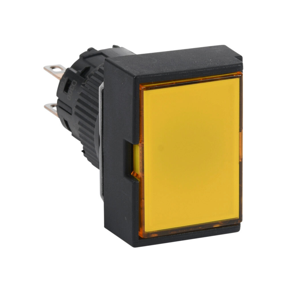 AR16G5T-C2Y - Fuji Electric pushbutton, IP65, 16mm, push ON - push OFF, DPDT contact(s), plastic base, plastic bezel, black, guarded, Operator: yellow, flush, 24mm, rectangular, plastic.
