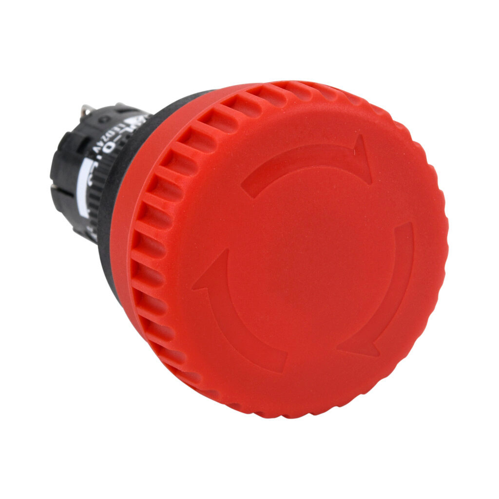 AR16V0L-01E3R - Fuji Electric emergency stop pushbutton, IP65, 16mm, push to lock, pull or turn to reset, LED illuminated, (1) N.C. contact(s), plastic base, plastic bezel, black, Operator: red, mushroom, 32mm, mushroom, plastic, 24 VAC/VDC, full ...