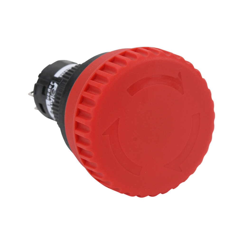 AR16V0L-02E3R - Fuji Electric emergency stop pushbutton, IP65, 16mm, push to lock, pull or turn to reset, LED illuminated, (2) N.C. contact(s), plastic base, plastic bezel, black, Operator: red, mushroom, 32mm, mushroom, plastic, 24 VAC/VDC, full ...