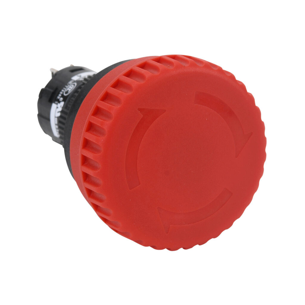 AR16V0L-11E3R - Fuji Electric emergency stop pushbutton, IP65, 16mm, push to lock, pull or turn to reset, LED illuminated, (1) N.O./(1) N.C. contact(s), plastic base, plastic bezel, black, Operator: red, mushroom, 32mm, mushroom, plastic, 24 VAC/V...