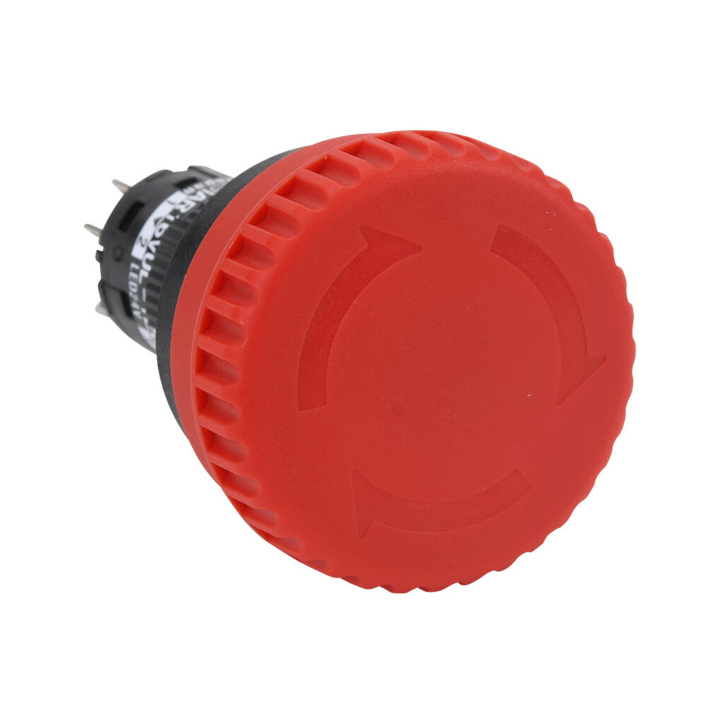AR16V0L-12E3R - Fuji Electric emergency stop pushbutton, IP65, 16mm, push to lock, pull or turn to reset, LED illuminated, (1) N.O./(2) N.C. contact(s), plastic base, plastic bezel, black, Operator: red, mushroom, 32mm, mushroom, plastic, 24 VAC/V...
