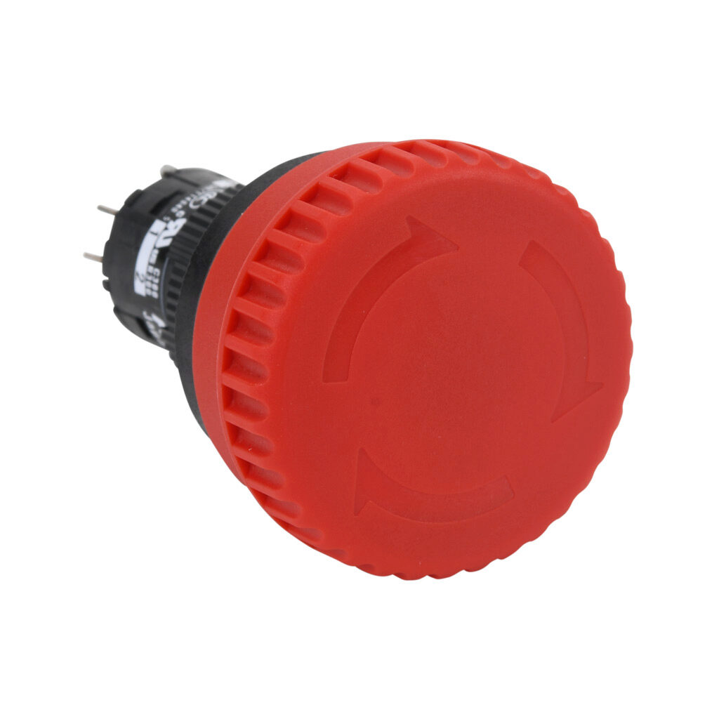 AR16V0L-13E3R - Fuji Electric emergency stop pushbutton, IP65, 16mm, push to lock, pull or turn to reset, LED illuminated, (1) N.O./(3) N.C. contact(s), plastic base, plastic bezel, black, Operator: red, mushroom, 32mm, mushroom, plastic, 24 VAC/V...