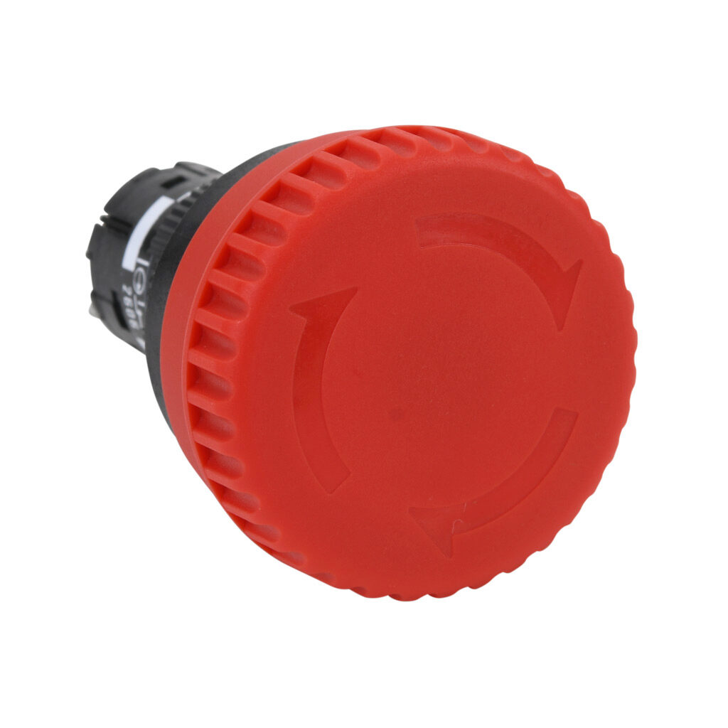 AR16V0R-02R - Fuji Electric emergency stop pushbutton, IP65, 16mm, push to lock, pull or turn to reset, (2) N.C. contact(s), plastic base, plastic bezel, black, Operator: red, mushroom, 32mm, mushroom, plastic.