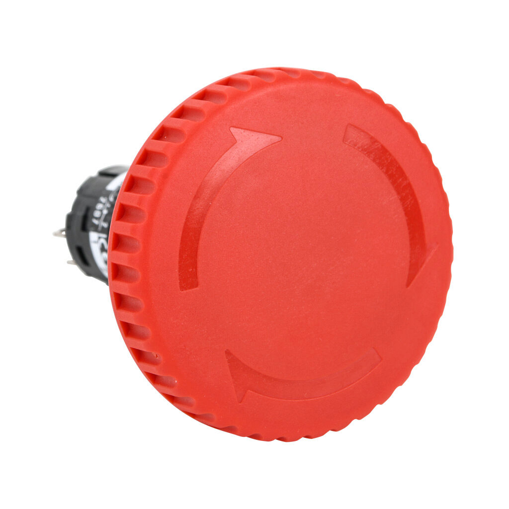 AR16V1L-02E3R - Fuji Electric emergency stop pushbutton, IP65, 16mm, push to lock, pull or turn to reset, LED illuminated, (2) N.C. contact(s), plastic base, plastic bezel, black, Operator: red, mushroom, 40mm, mushroom, plastic, 24 VAC/VDC, full ...