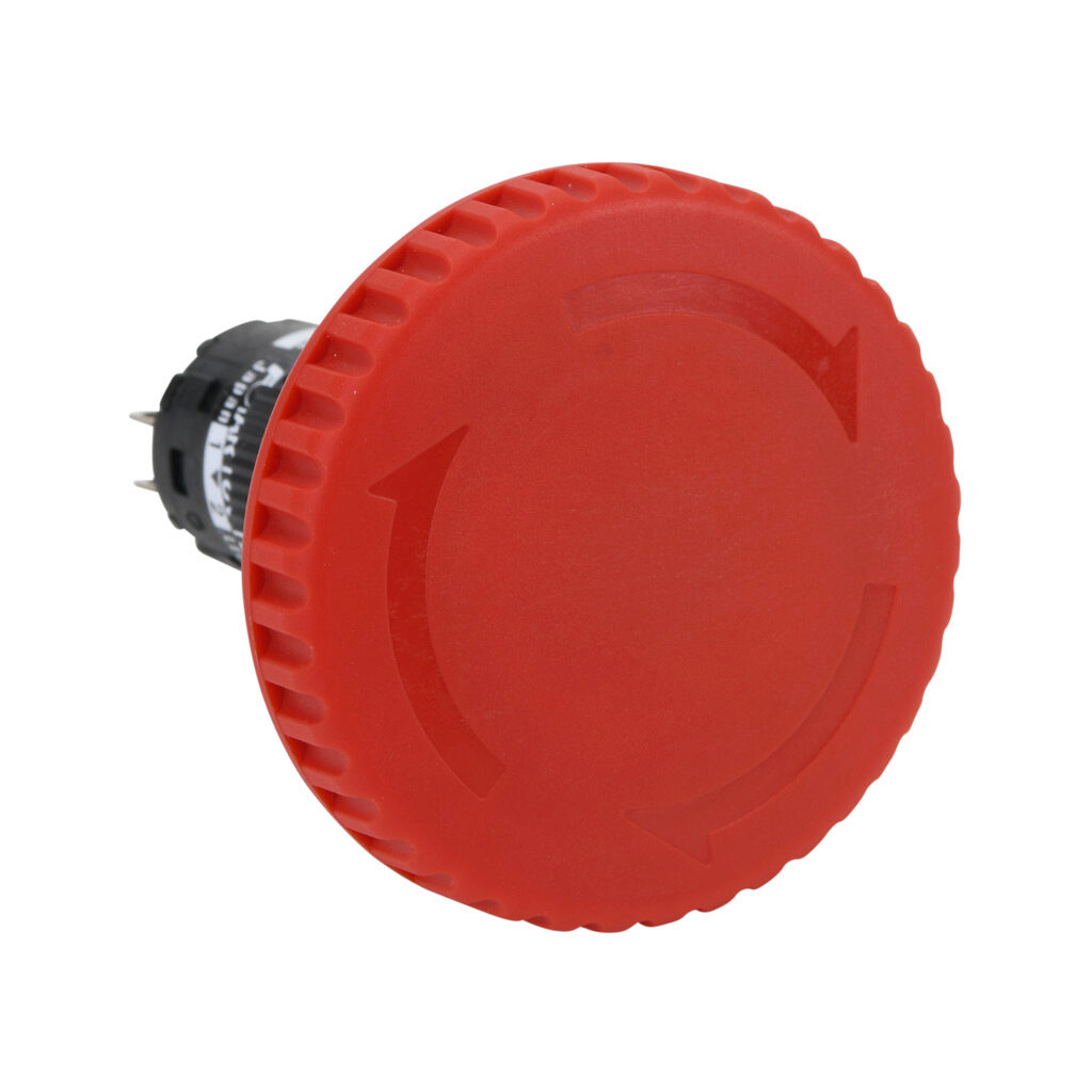 AR16V1L-11E3R - Fuji Electric emergency stop pushbutton, IP65, 16mm, push to lock, pull or turn to reset, LED illuminated, (1) N.O./(1) N.C. contact(s), plastic base, plastic bezel, black, Operator: red, mushroom, 40mm, mushroom, plastic, 24 VAC/V...