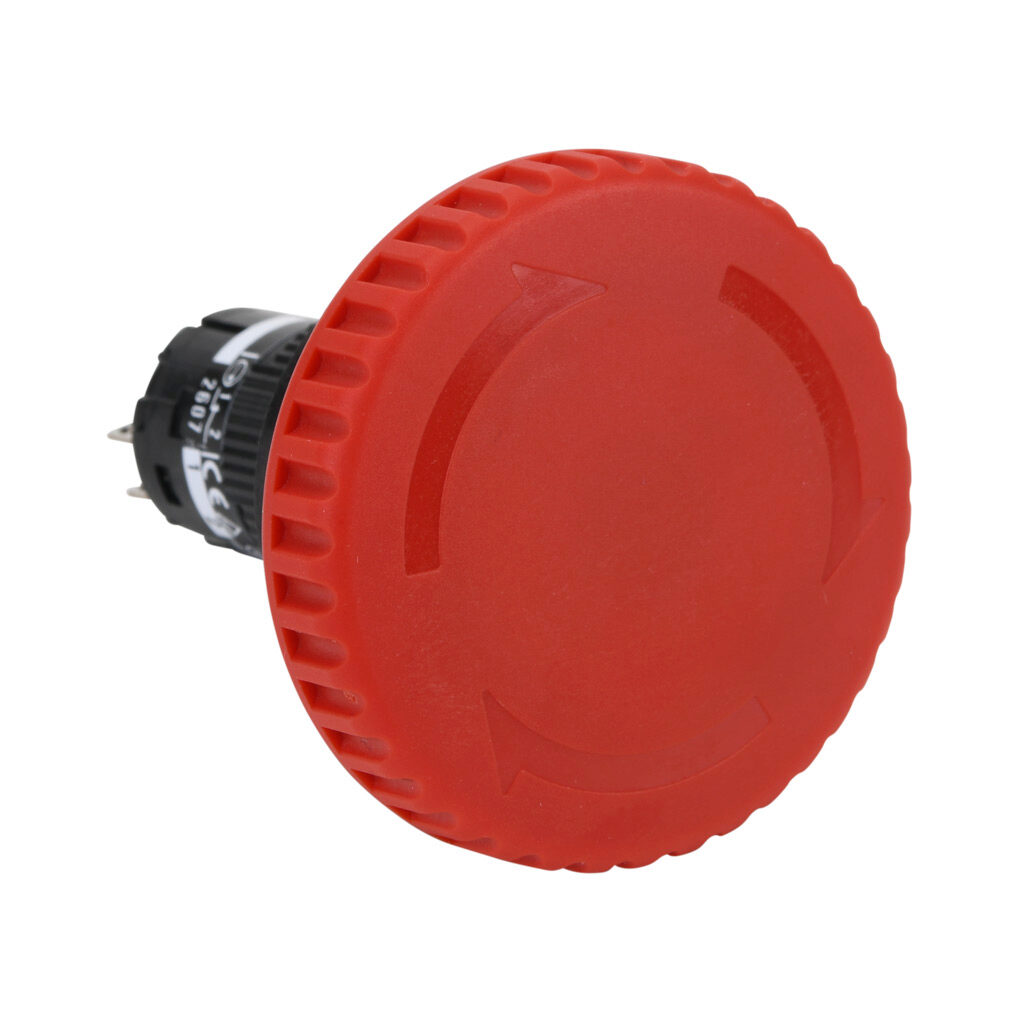 AR16V1R-02R - Fuji Electric emergency stop pushbutton, IP65, 16mm, push to lock, pull or turn to reset, (2) N.C. contact(s), plastic base, plastic bezel, black, Operator: red, mushroom, 40mm, mushroom, plastic.