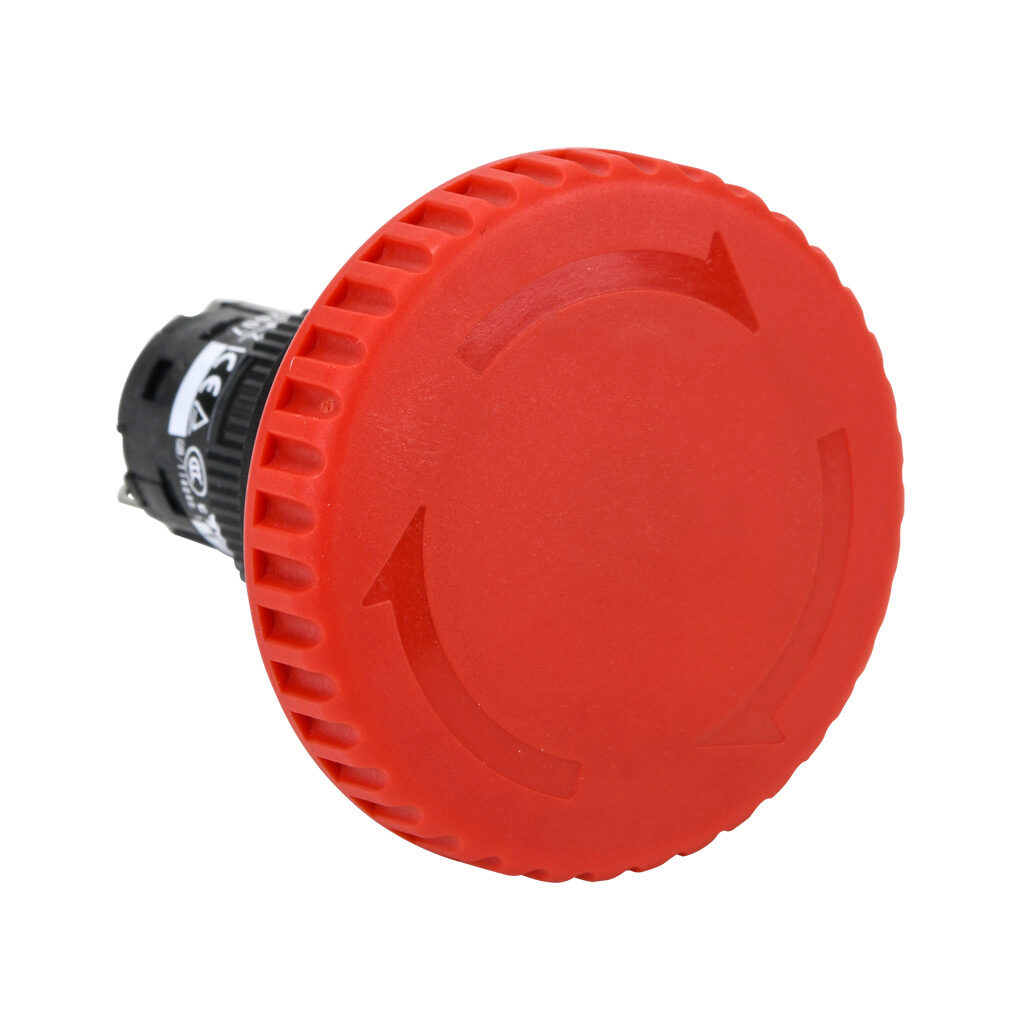 AR16V1R-03R - Fuji Electric emergency stop pushbutton, IP65, 16mm, push to lock, pull or turn to reset, (3) N.C. contact(s), plastic base, plastic bezel, black, Operator: red, mushroom, 40mm, mushroom, plastic.