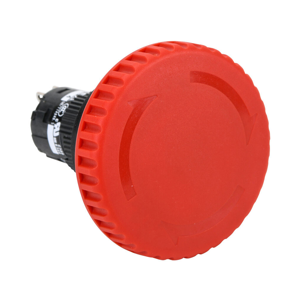 AR16V1R-11R - Fuji Electric emergency stop pushbutton, IP65, 16mm, push to lock, pull or turn to reset, (1) N.O./(1) N.C. contact(s), plastic base, plastic bezel, black, Operator: red, mushroom, 40mm, mushroom, plastic.