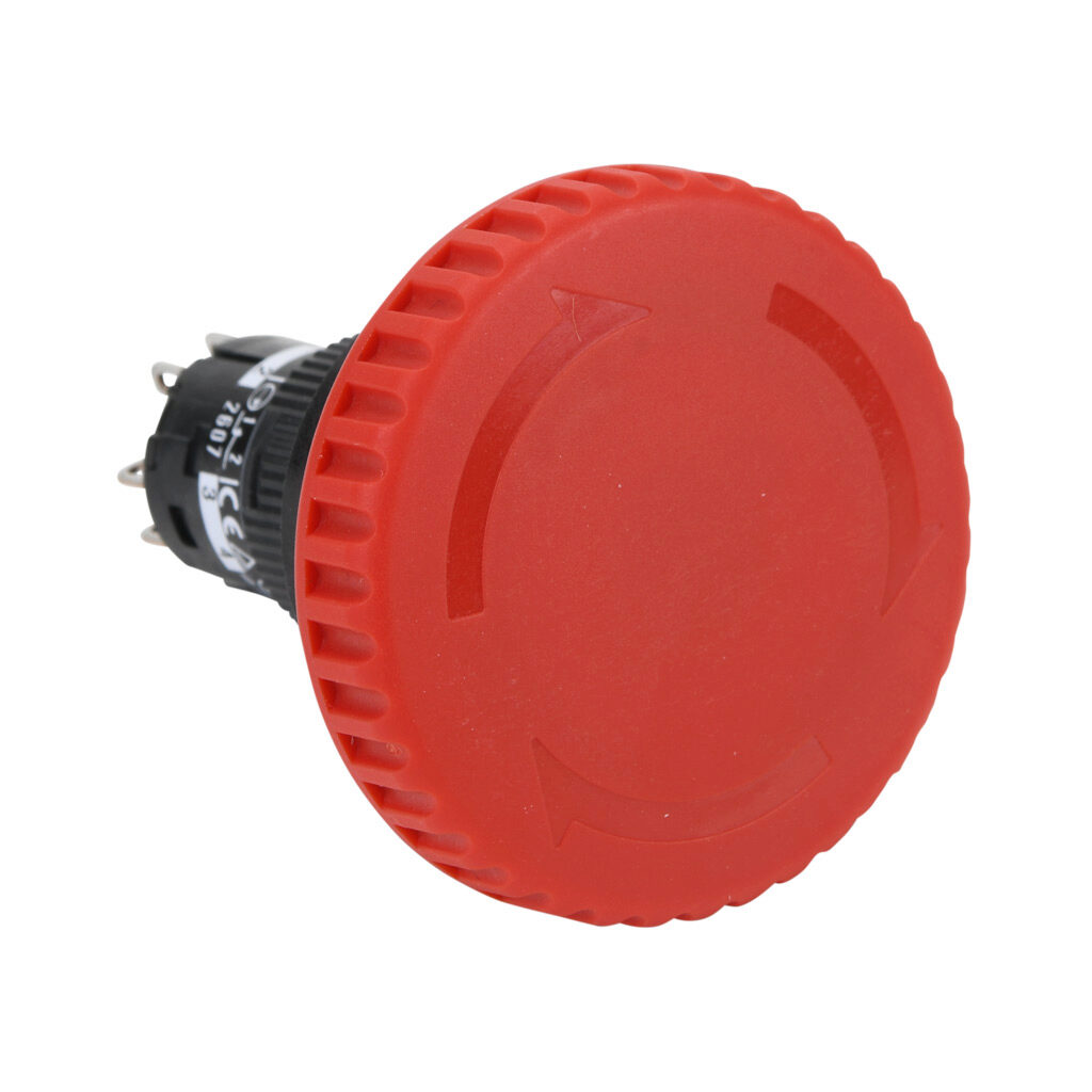 AR16V1R-12R - Fuji Electric emergency stop pushbutton, IP65, 16mm, push to lock, pull or turn to reset, (1) N.O./(2) N.C. contact(s), plastic base, plastic bezel, black, Operator: red, mushroom, 40mm, mushroom, plastic.