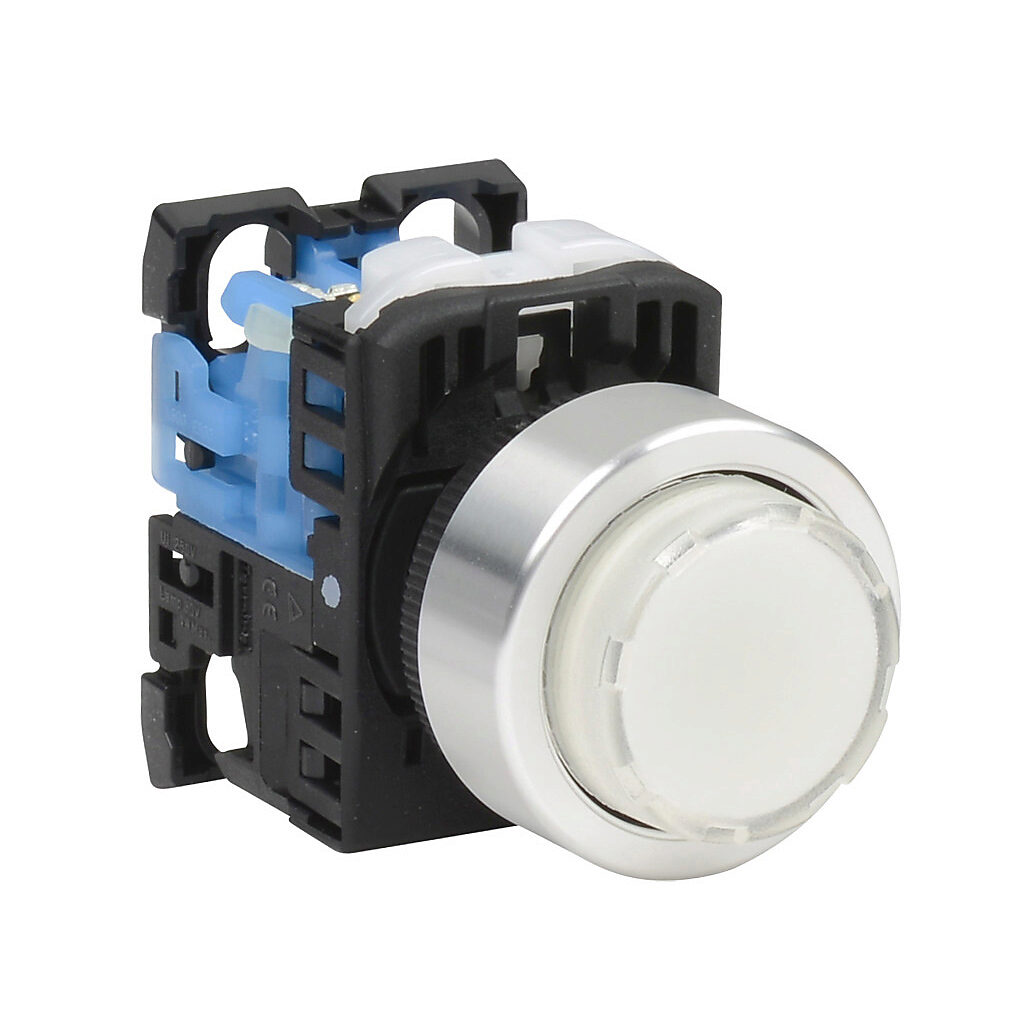 AR22E0L-10E3WZA - Fuji Electric pushbutton, 22mm, momentary, LED illuminated, (1) N.O. contact(s), plastic base, metal bezel, Operator: white, extended, 30mm, round, plastic, 24 VAC/VDC, full voltage.
