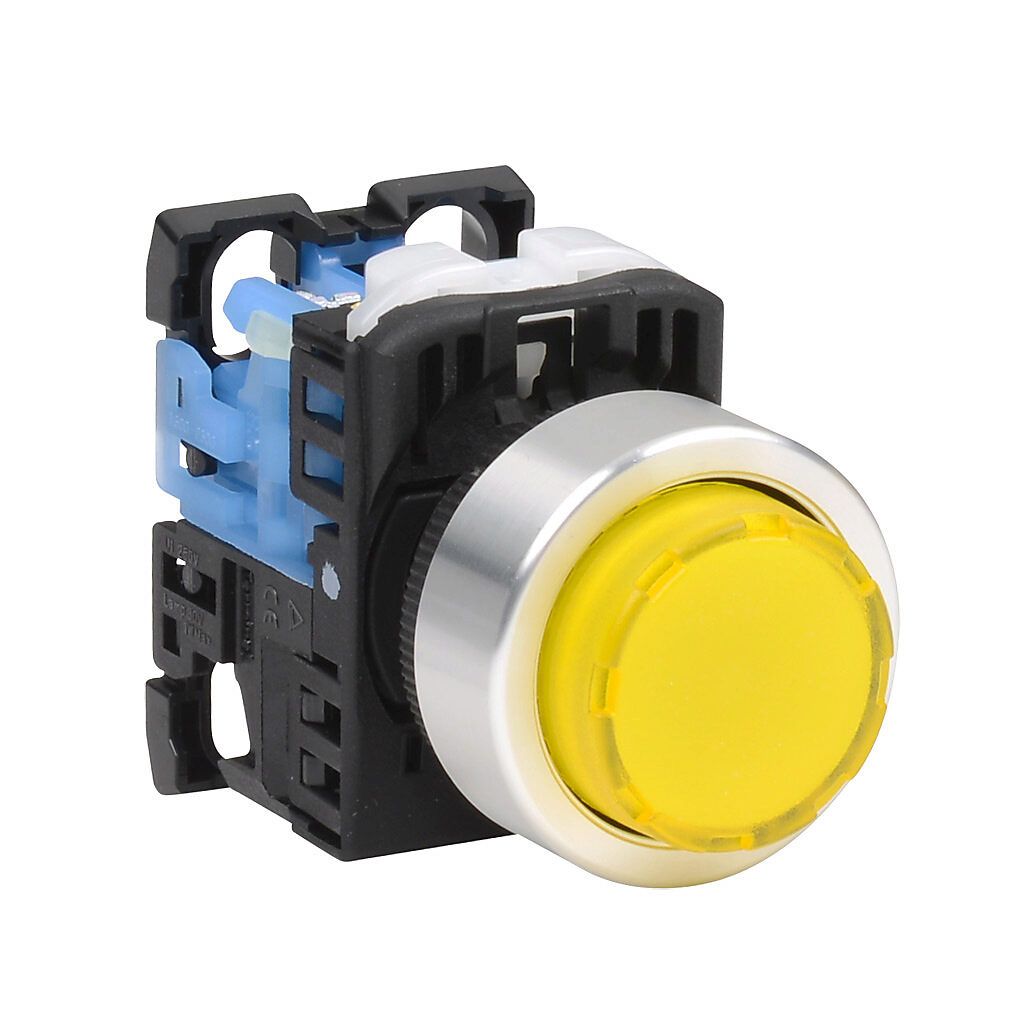 AR22E0L-10E3YZA - Fuji Electric pushbutton, 22mm, momentary, LED illuminated, (1) N.O. contact(s), plastic base, metal bezel, Operator: yellow, extended, 30mm, round, plastic, 24 VAC/VDC, full voltage.