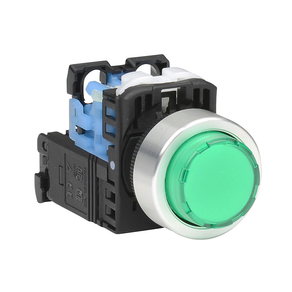 AR22E0L-10L3GZA - Fuji Electric pushbutton, 22mm, momentary, LED illuminated, (1) N.O. contact(s), plastic base, metal bezel, Operator: green, extended, 30mm, round, plastic, 115-127 VAC, transformer.